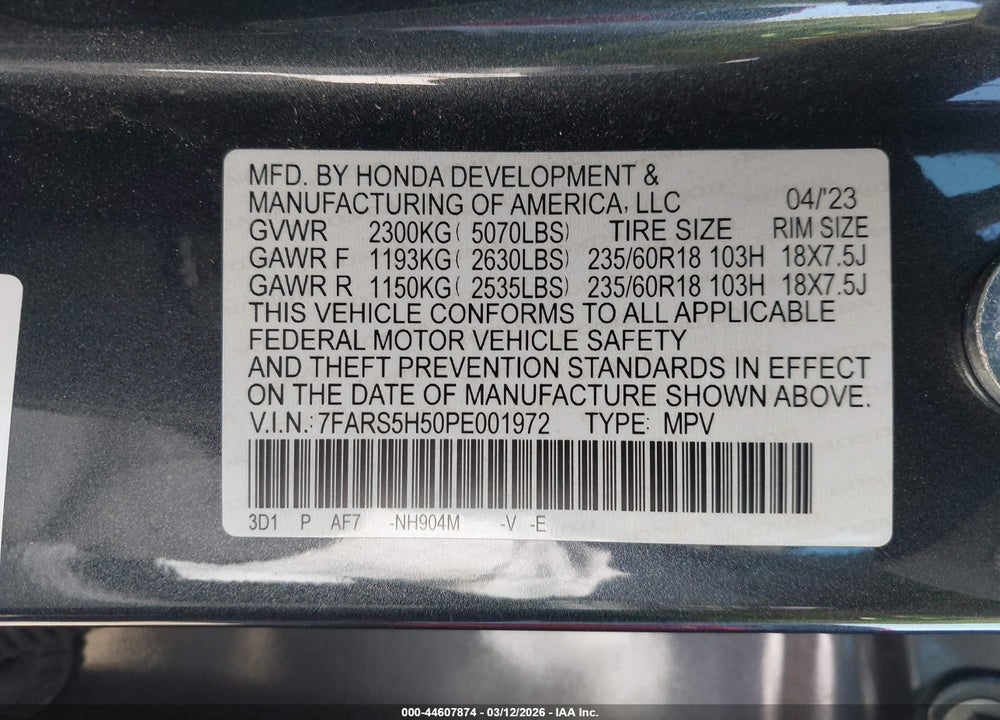 2023 HONDA CR-V HYBRID SPORT VIN: 7FARS5H50PE001972