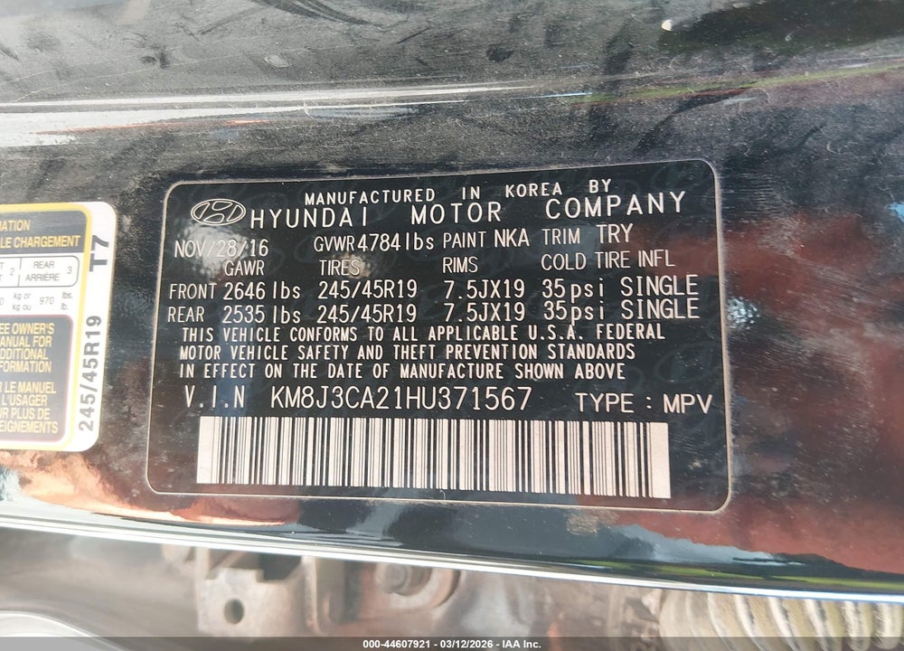 2017 HYUNDAI TUCSON SPORT VIN: KM8J3CA21HU371567