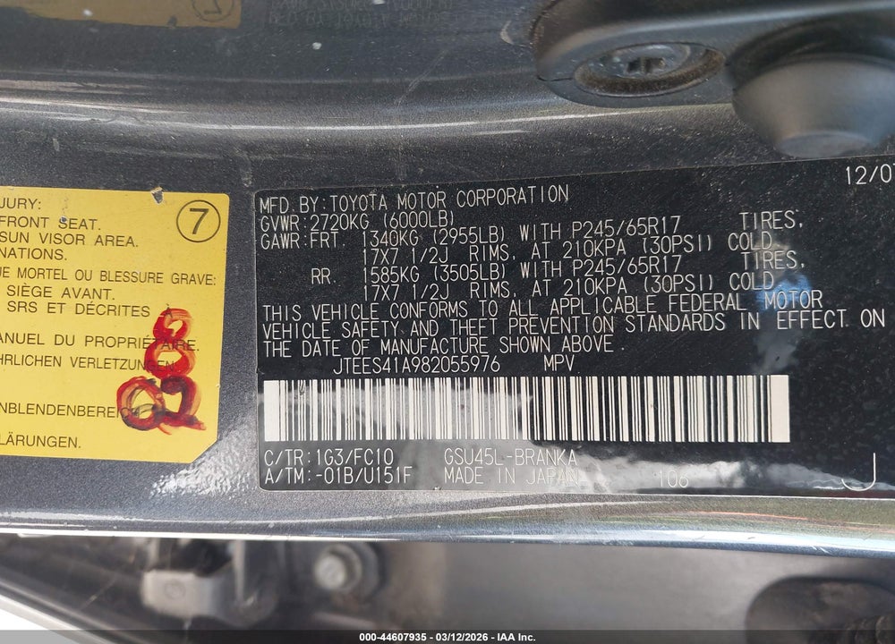 2008 TOYOTA HIGHLANDER VIN: JTEES41A982055976