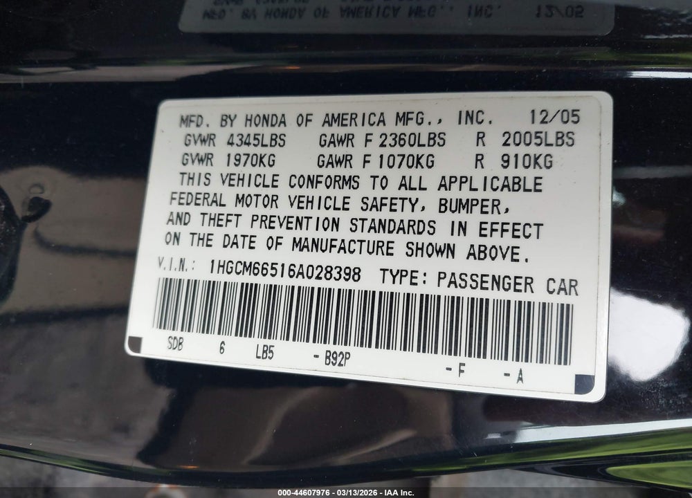 2006 HONDA ACCORD 3.0 EX VIN: 1HGCM66516A028398