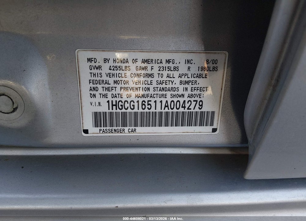 2001 HONDA ACCORD 3.0 EX VIN: 1HGCG16511A004279