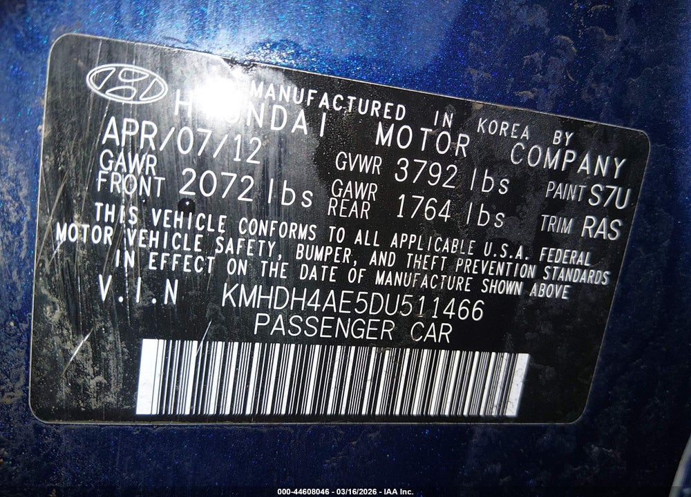2013 HYUNDAI ELANTRA LIMITED VIN: KMHDH4AE5DU511466