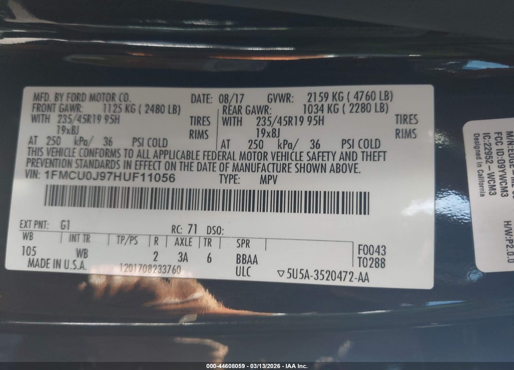 2017 FORD ESCAPE TITANIUM VIN: 1FMCU0J97HUF11056