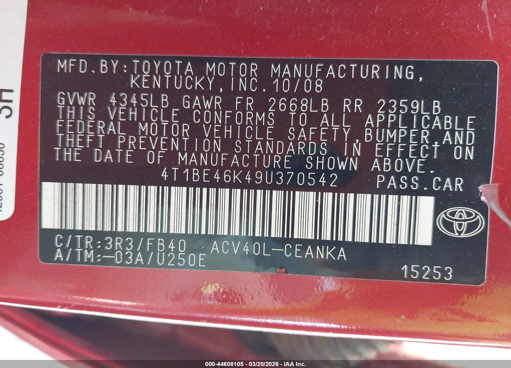 2009 TOYOTA CAMRY LE VIN: 4T1BE46K49U370542
