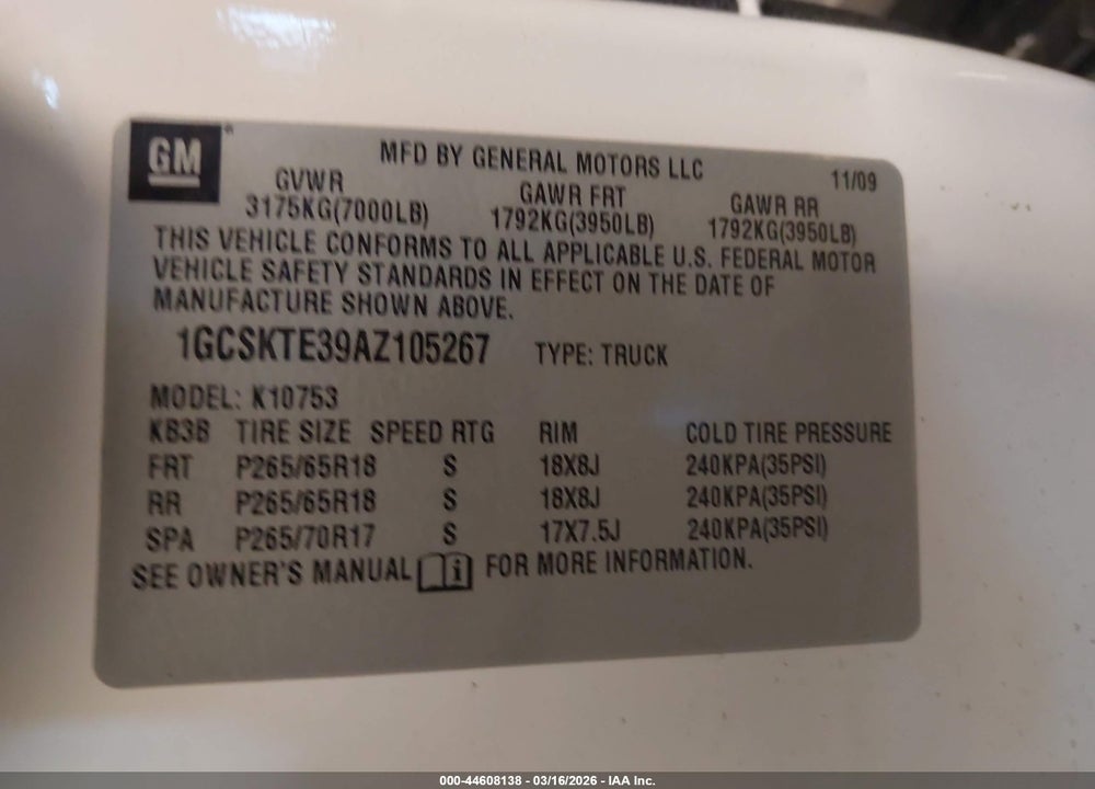 2010 CHEVROLET SILVERADO 1500 LTZ VIN: 1GCSKTE39AZ105267