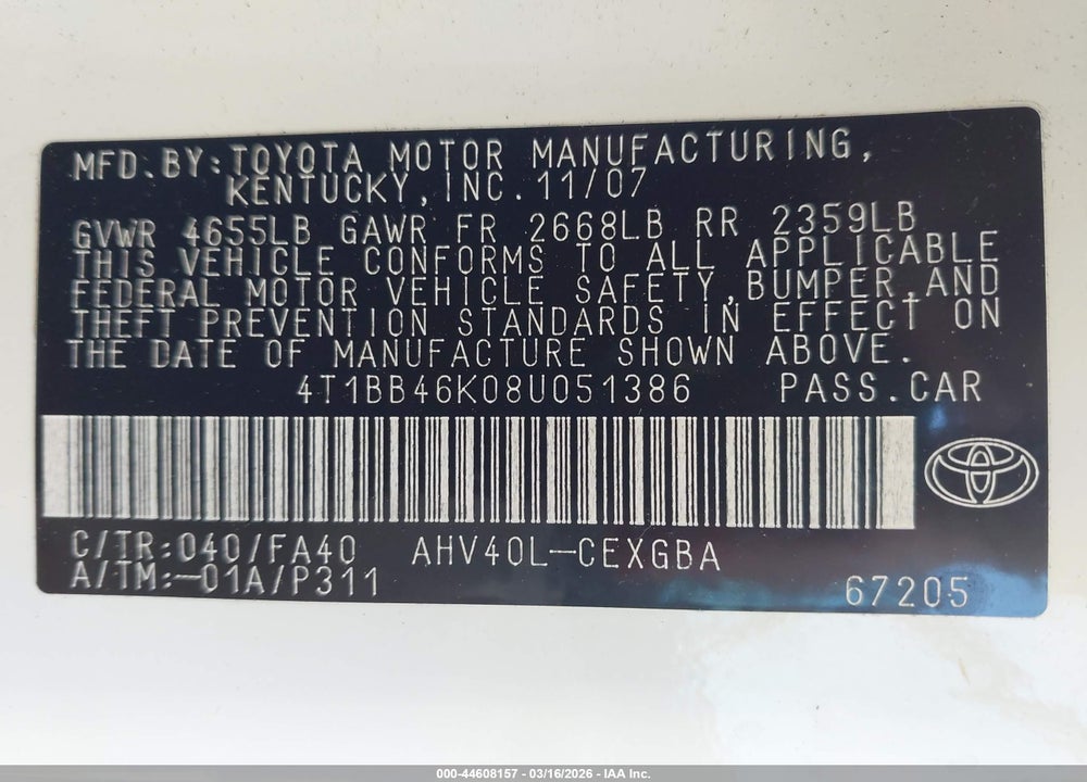 2008 TOYOTA CAMRY HYBRID VIN: 4T1BB46K08U051386