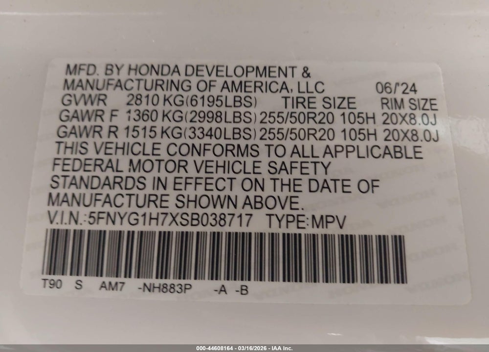 2025 HONDA PILOT TOURING VIN: 5FNYG1H7XSB038717