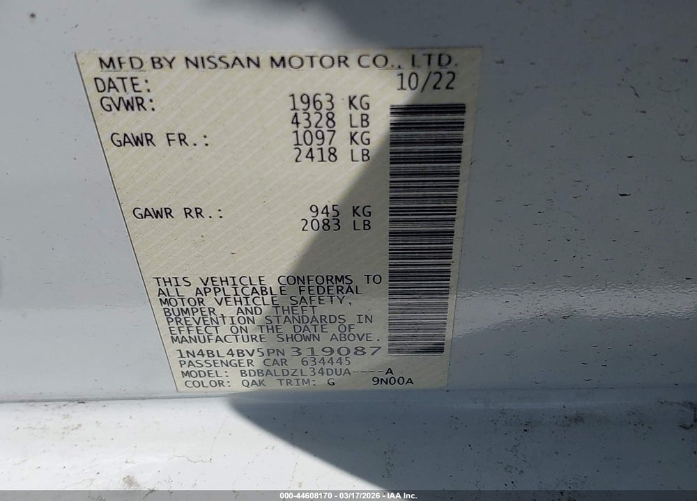 2023 NISSAN ALTIMA S FWD VIN: 1N4BL4BV5PN319087