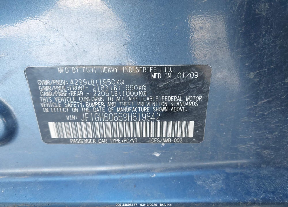 2009 SUBARU IMPREZA 2.5I VIN: JF1GH60669H819842