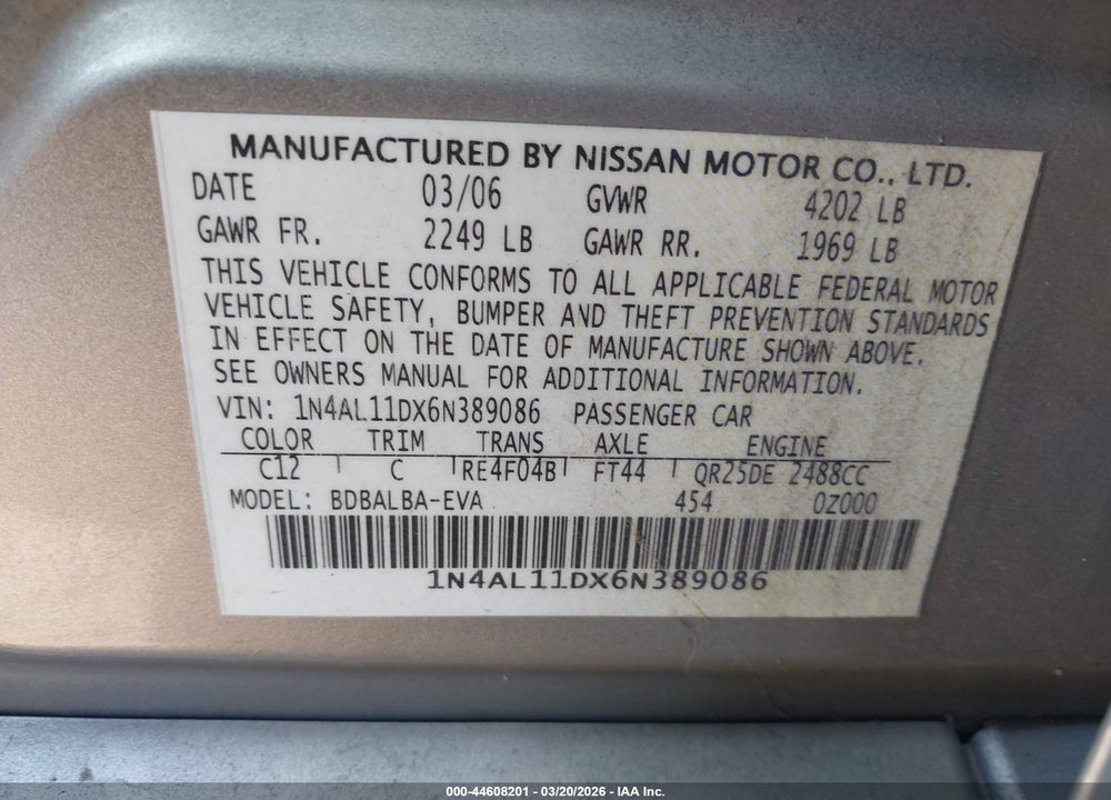2006 NISSAN ALTIMA 2.5 S VIN: 1N4AL11DX6N389086