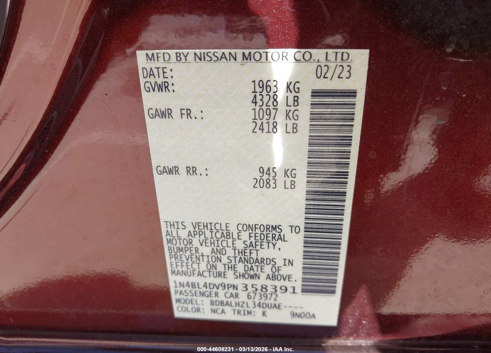 2023 NISSAN ALTIMA SV FWD VIN: 1N4BL4DV9PN358391