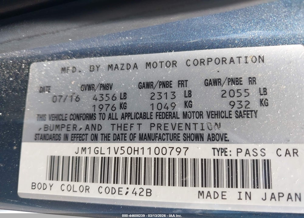 2017 MAZDA 6 TOURING VIN: JM1GL1V50H1100797