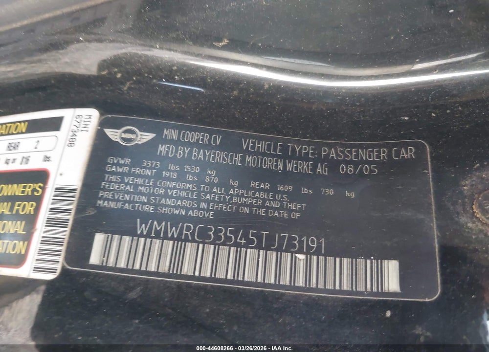2005 MINI COOPER VIN: WMWRC33545TJ73191