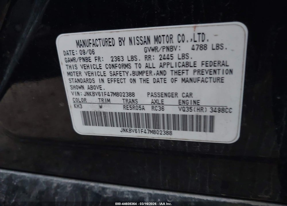 2007 INFINITI G35X VIN: JNKBV61F47M802388