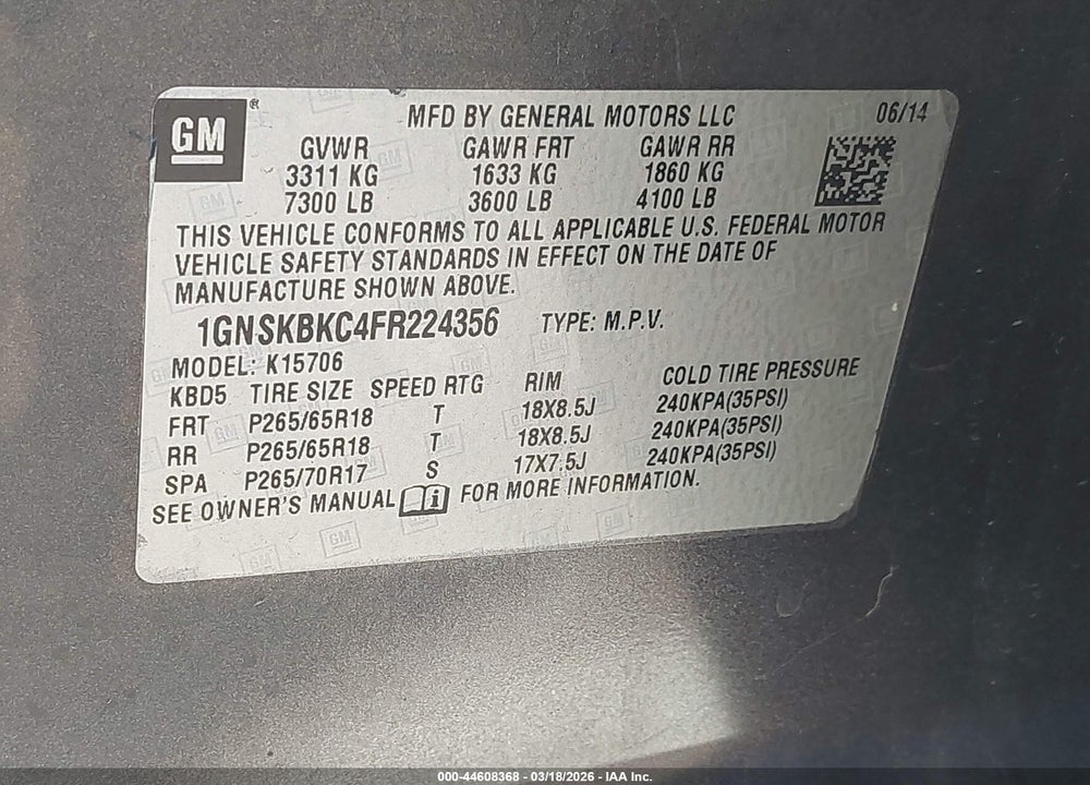 2015 CHEVROLET TAHOE LT VIN: 1GNSKBKC4FR224356