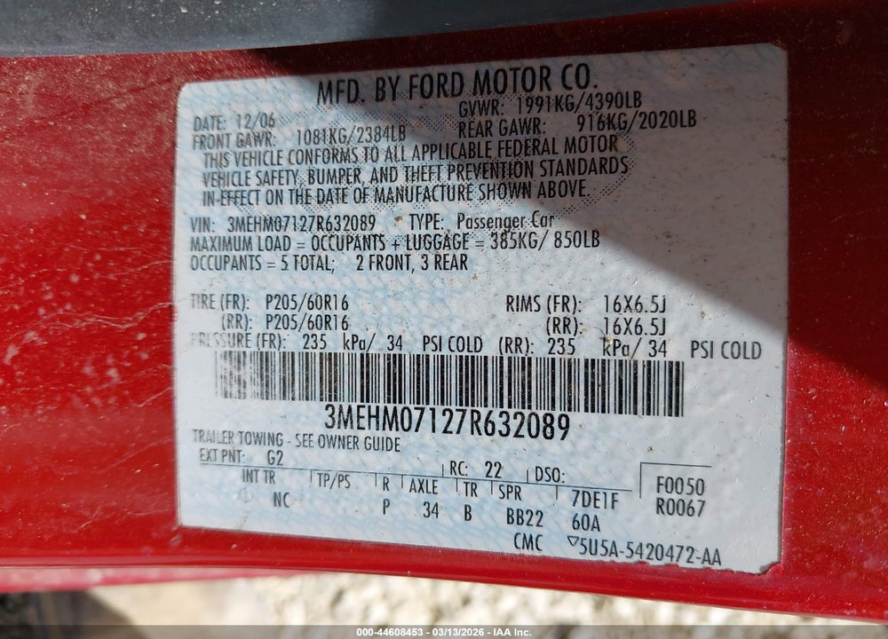 2007 MERCURY MILAN V6 VIN: 3MEHM07127R632089