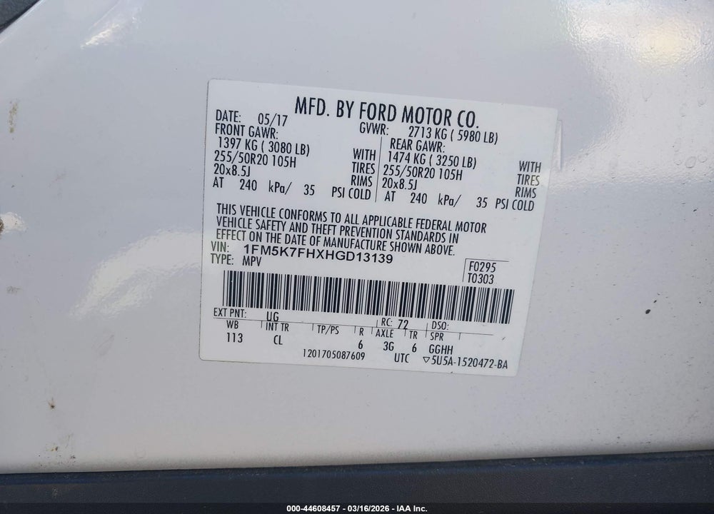 2017 FORD EXPLORER LIMITED VIN: 1FM5K7FHXHGD13139