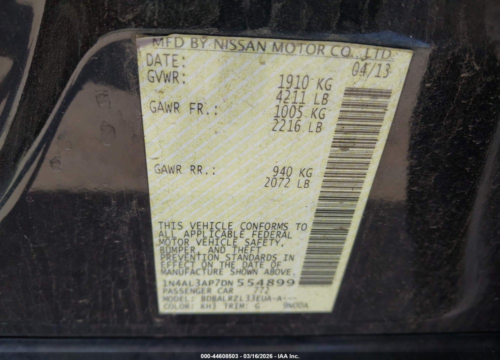 2013 NISSAN ALTIMA 2.5 S VIN: 1N4AL3AP7DN554899