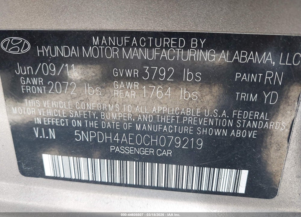 2012 HYUNDAI ELANTRA GLS VIN: 5NPDH4AE0CH079219