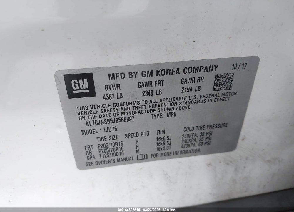 2018 CHEVROLET TRAX LS VIN: KL7CJNSB5JB568897