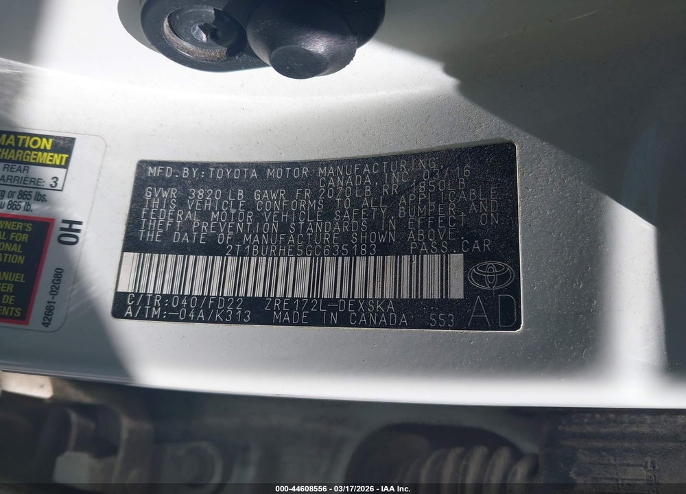 2016 TOYOTA COROLLA S PLUS VIN: 2T1BURHE5GC635183