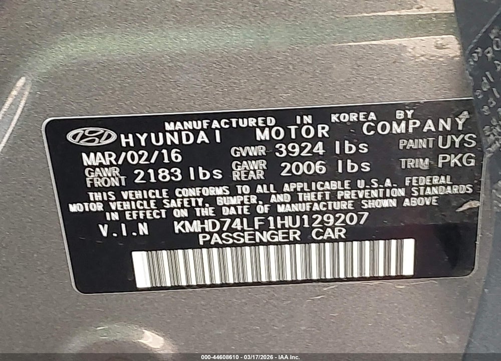 2017 HYUNDAI ELANTRA SE VIN: KMHD74LF1HU129207