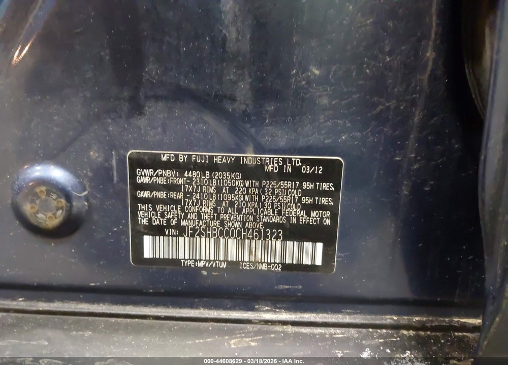 2012 SUBARU FORESTER 2.5X PREMIUM VIN: JF2SHBCC0CH461323