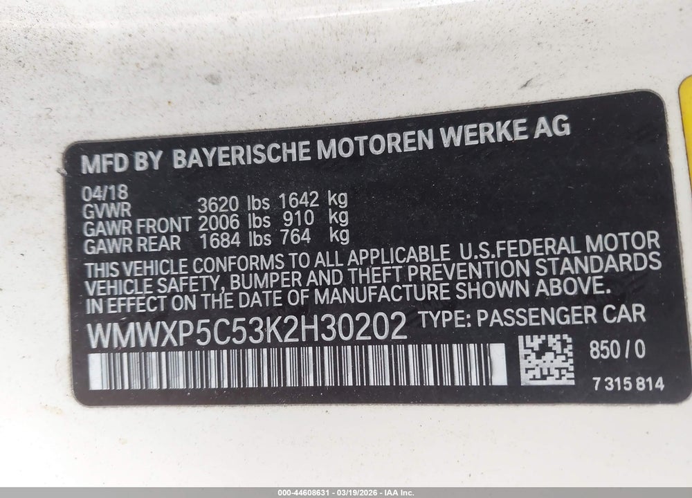 2019 MINI HARDTOP COOPER/OXFORD EDITION VIN: WMWXP5C53K2H30202