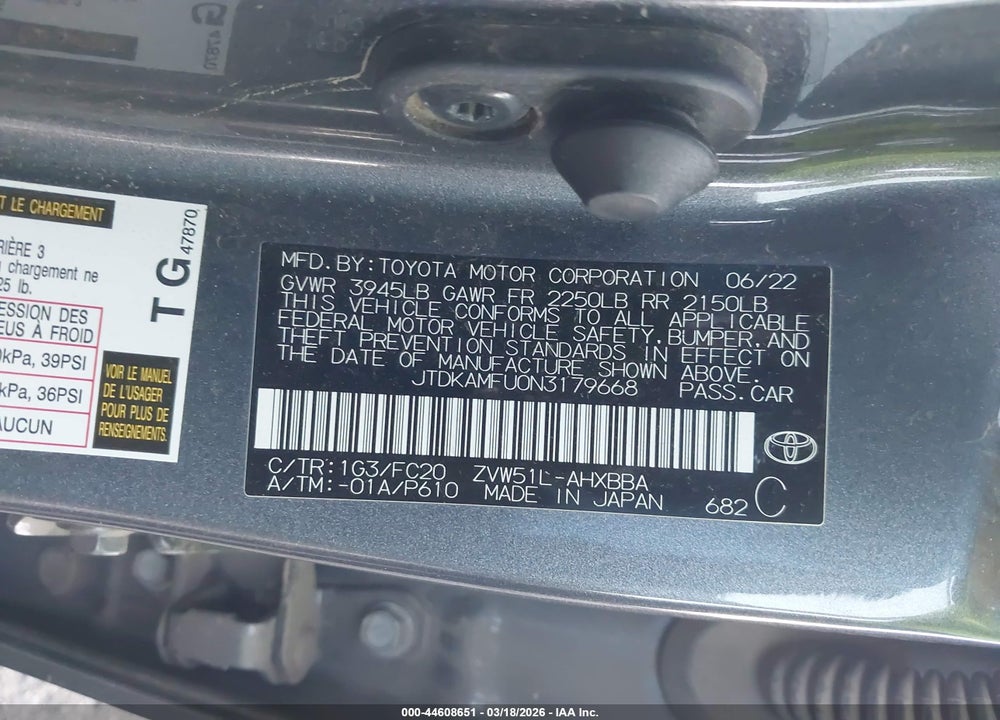2022 TOYOTA PRIUS L VIN: JTDKAMFU0N3179668