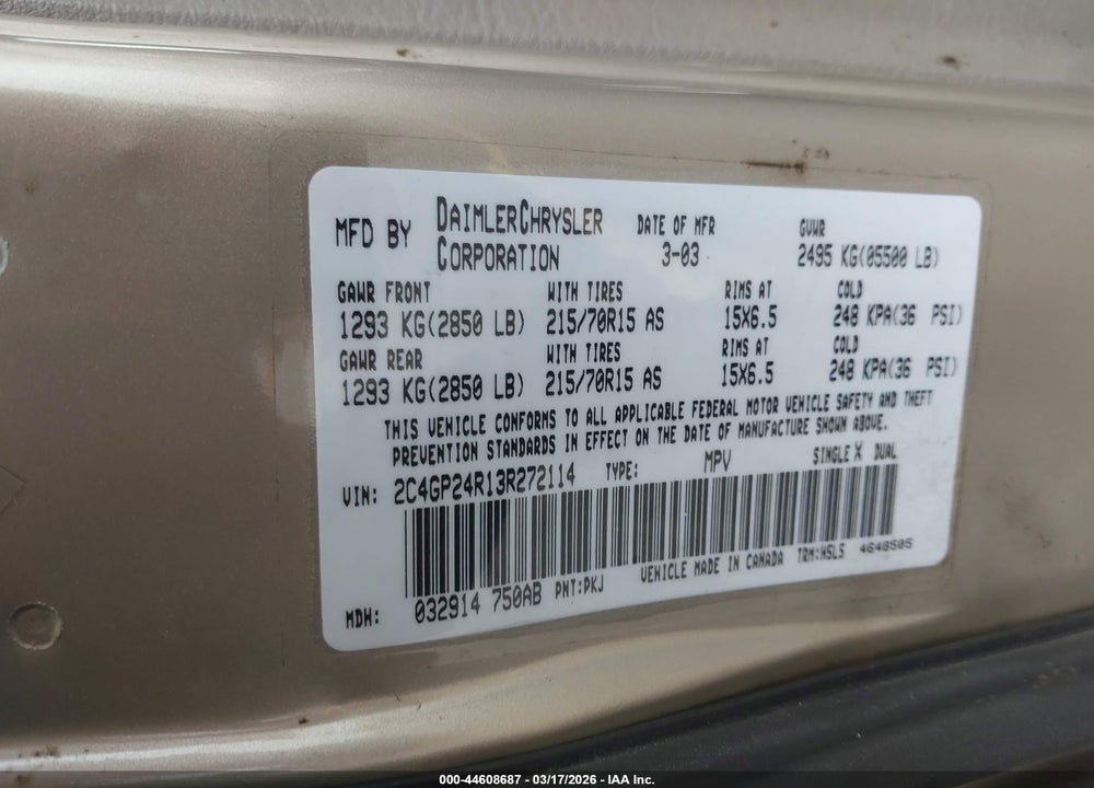 2003 CHRYSLER TOWN & COUNTRY VIN: 2C4GP24R13R272114