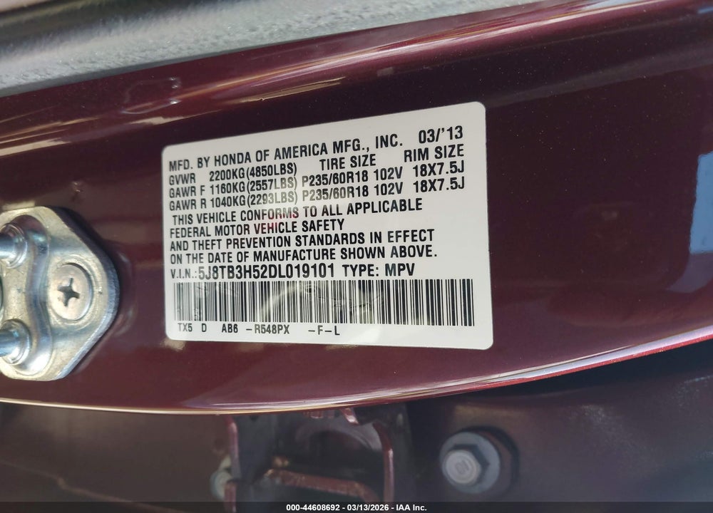 2013 ACURA RDX VIN: 5J8TB3H52DL019101