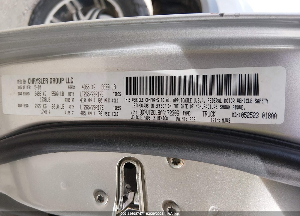 2010 DODGE RAM 2500 SLT VIN: 3D7UT2CL8AG172306