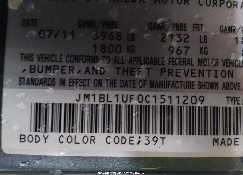 2012 MAZDA 3 I SPORT VIN: JM1BL1UF0C1511209