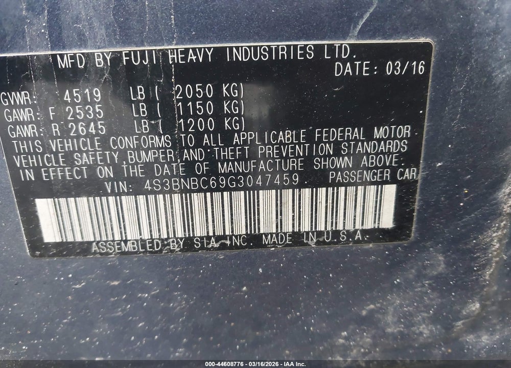 2016 SUBARU LEGACY 2.5I PREMIUM VIN: 4S3BNBC69G3047459