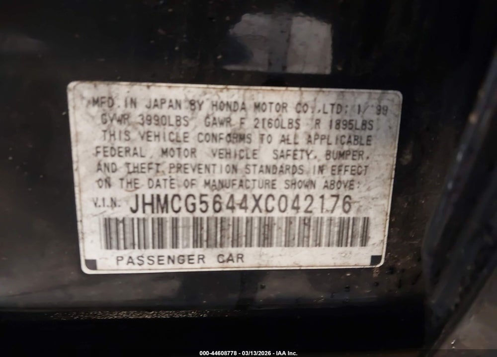 1999 HONDA ACCORD LX VIN: JHMCG5644XC042176