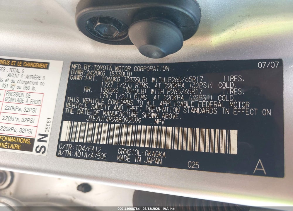 2008 TOYOTA 4RUNNER SR5 V6 VIN: JTEZU14R288092599