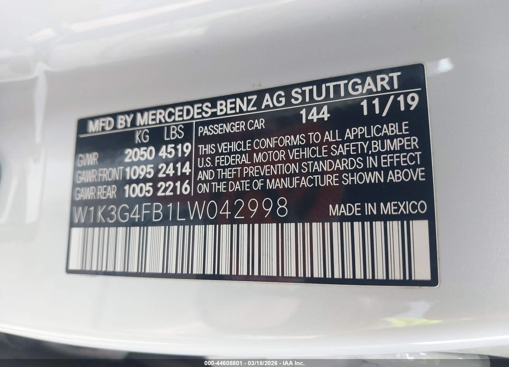 2020 MERCEDES-BENZ A 220 4MATIC VIN: W1K3G4FB1LW042998