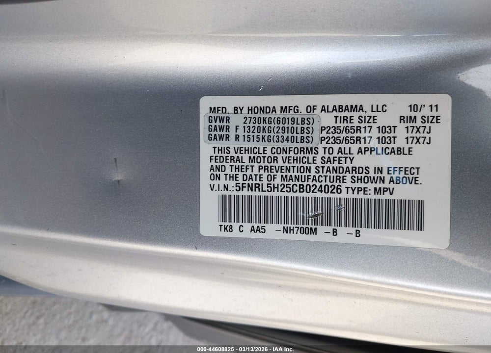 2012 HONDA ODYSSEY LX VIN: 5FNRL5H25CB024026