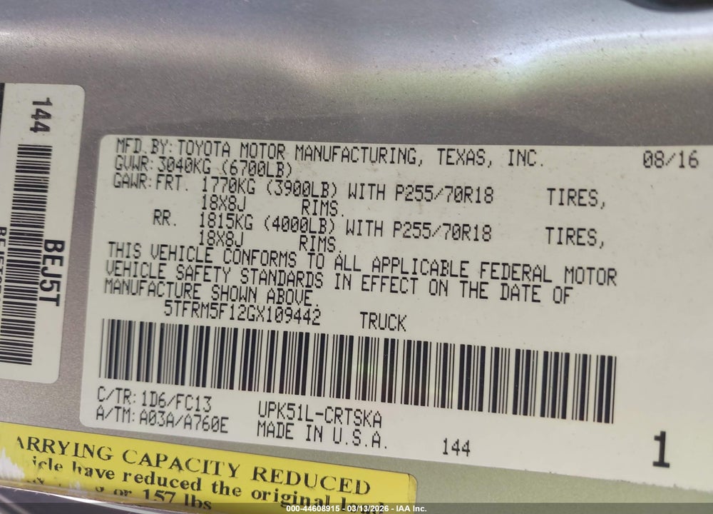 2016 TOYOTA TUNDRA SR5 4.6L V8 VIN: 5TFRM5F12GX109442