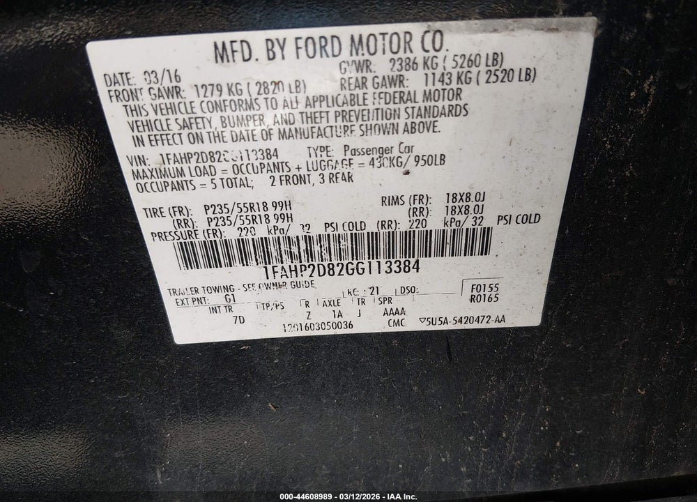 2016 FORD TAURUS SE VIN: 1FAHP2D82GG113384
