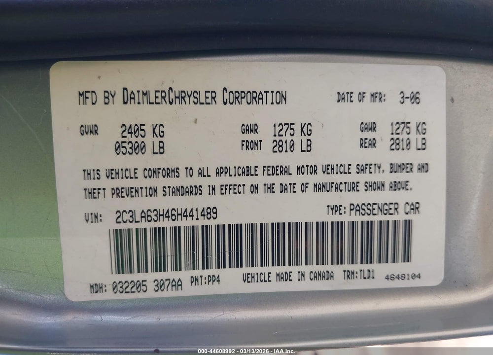 2006 CHRYSLER 300C VIN: 2C3LA63H46H441489