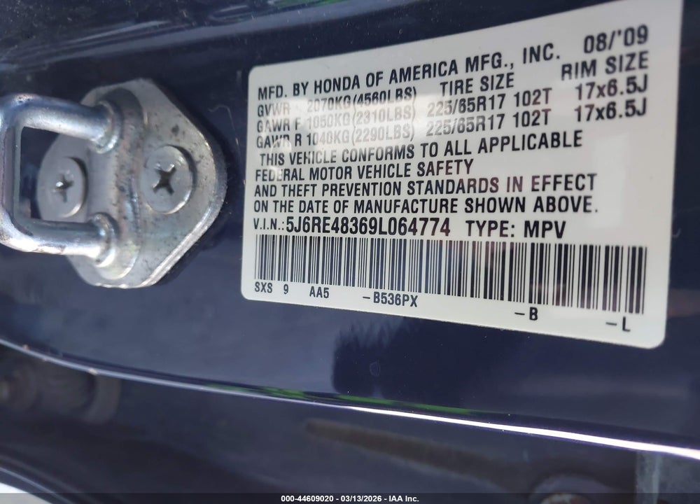 2009 HONDA CR-V LX VIN: 5J6RE48369L064774