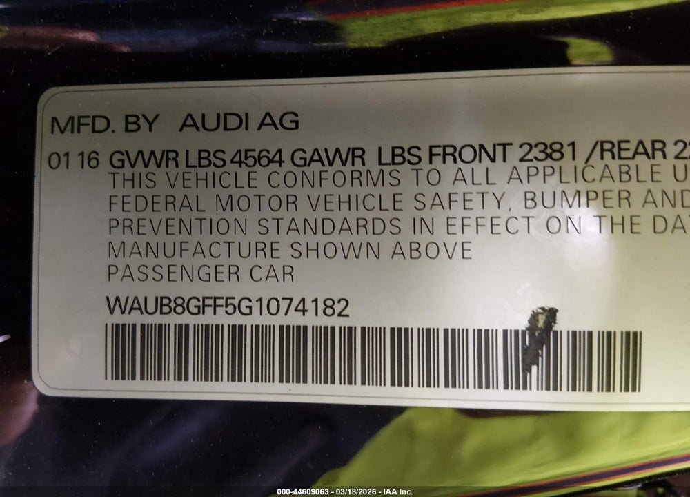 2016 AUDI A3 2.0T PREMIUM VIN: WAUB8GFF5G1074182