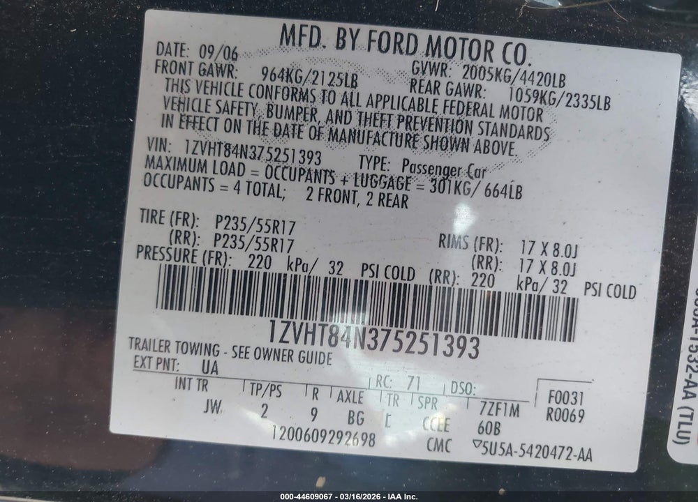 2007 FORD MUSTANG V6 DELUXE/V6 PREMIUM VIN: 1ZVHT84N375251393