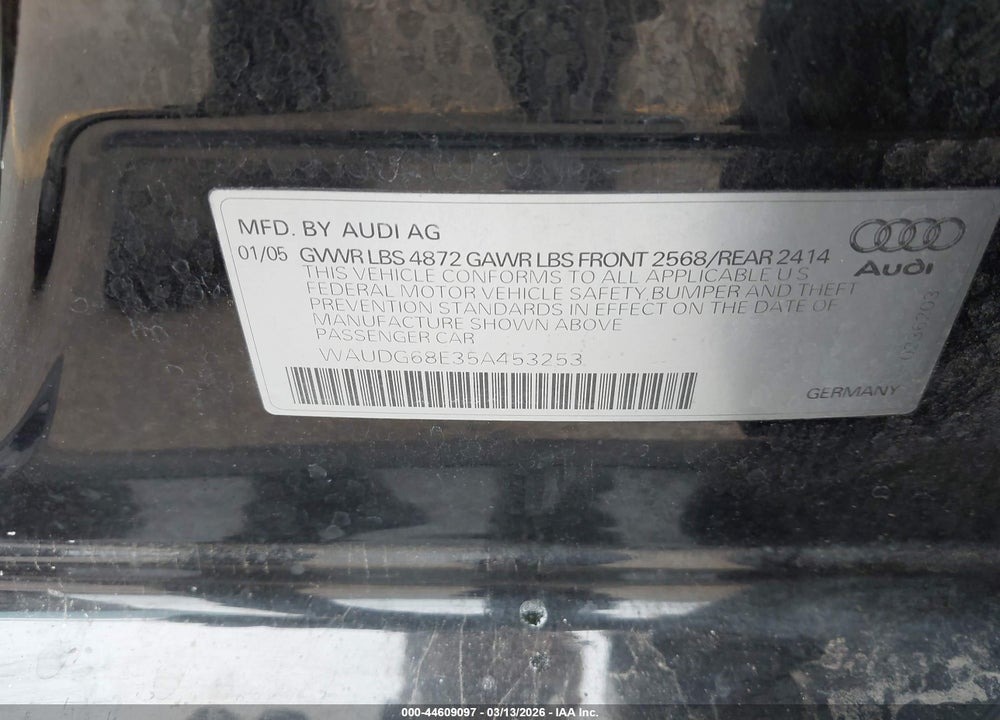 2005 AUDI A4 3.2 VIN: WAUDG68E35A453253