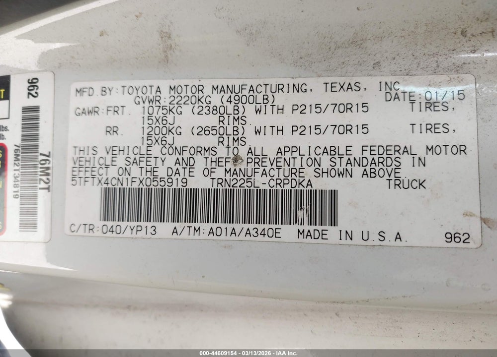 2015 TOYOTA TACOMA VIN: 5TFTX4CN1FX055919