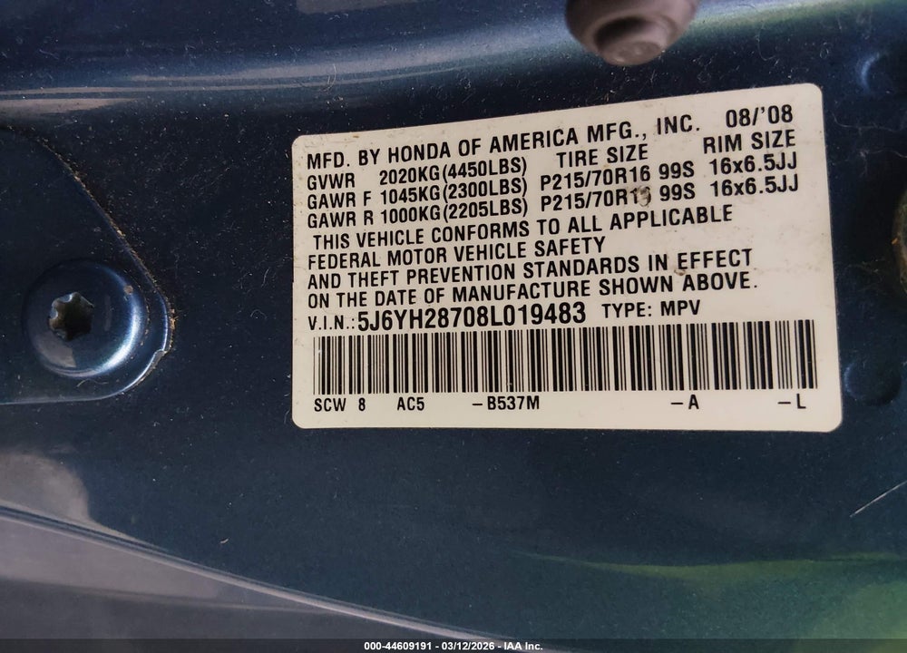 2008 HONDA ELEMENT EX VIN: 5J6YH28708L019483