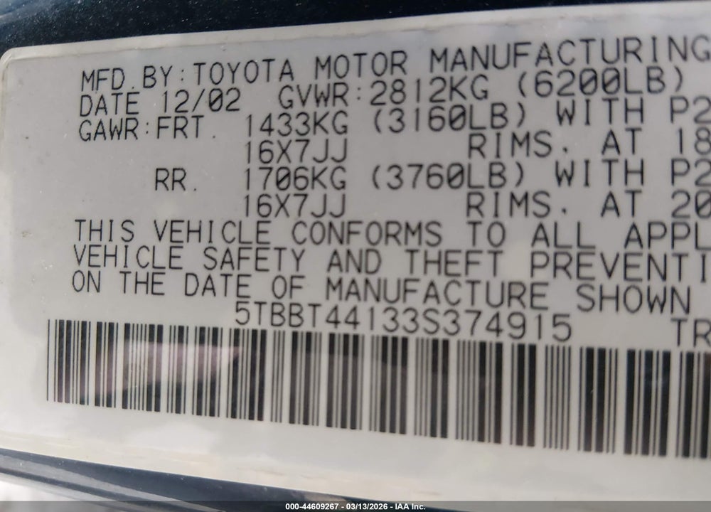 2003 TOYOTA TUNDRA SR5 V8 VIN: 5TBBT44133S374915