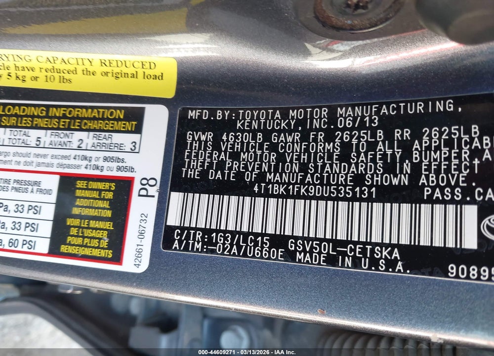 2013 TOYOTA CAMRY SE V6 VIN: 4T1BK1FK9DU535131