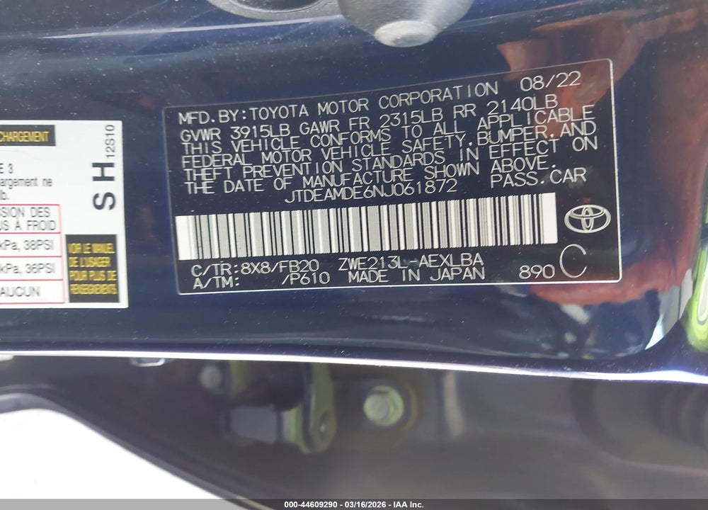 2022 TOYOTA COROLLA HYBRID LE VIN: JTDEAMDE6NJ061872